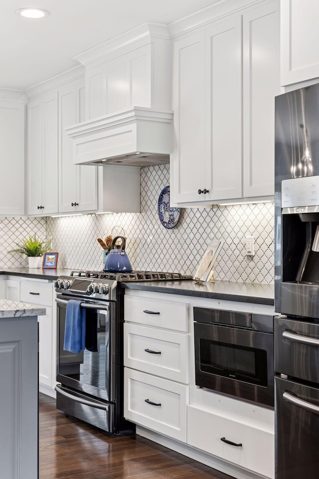 kitchen featuring tasteful backsplash, white cabinets, dark wood-type flooring, custom exhaust hood, and stainless steel appliances