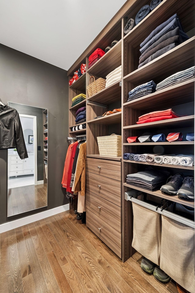 walk in closet with light wood-type flooring