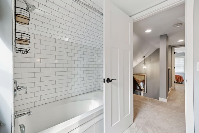 full bath with baseboards, shower / bathing tub combination, and recessed lighting