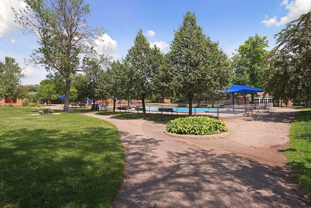 view of community featuring a swimming pool, fence, and a yard