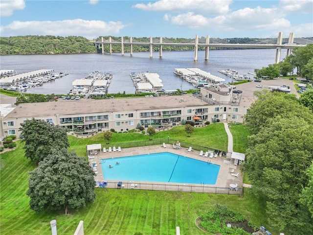 6213 Saint Croix Trl N Unit 102, Oak Park Heights, MN 55082 - bird's eye view of a notable bridge, a nearby body of water, and a pool