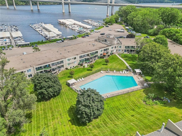 6213 Saint Croix Trl N Unit 102, Oak Park Heights, MN 55082 - drone / aerial view of a large body of water, a pool, and a notable bridge