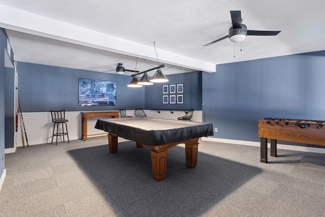 6213 Saint Croix Trl N Unit 102, Oak Park Heights, MN 55082 - rec room featuring a ceiling fan, carpet, billiards, a textured ceiling, and beam ceiling