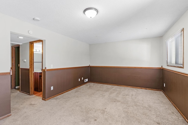 empty room featuring a textured ceiling, light colored carpet, and wooden walls