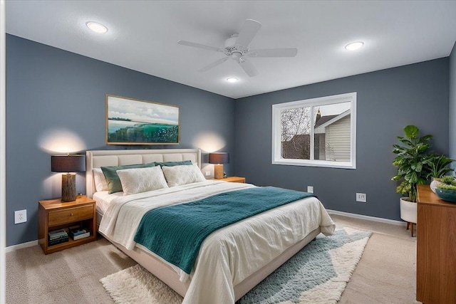 bedroom with a ceiling fan, carpet, baseboards, and recessed lighting