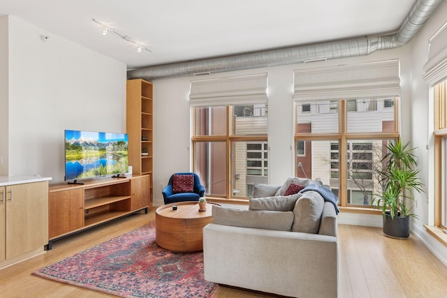 living room featuring light wood-type flooring and rail lighting