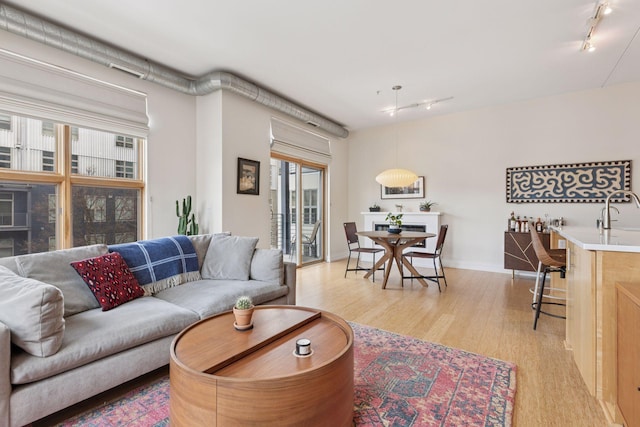 living area with rail lighting and light wood-style floors