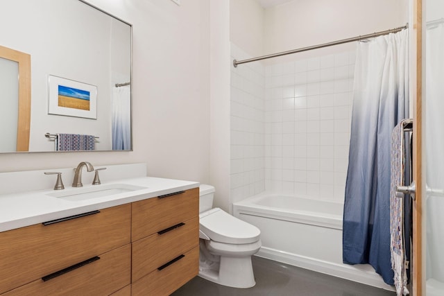 full bathroom with shower / bath combo, vanity, and toilet