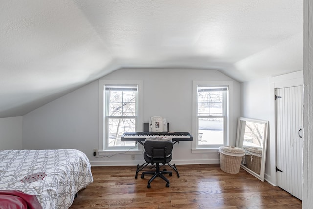 351 Morse Ave, Excelsior, MN 55331 - bedroom featuring lofted ceiling, wood finished floors, a textured ceiling, multiple windows, and baseboards