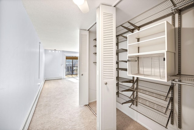 spacious closet featuring a baseboard radiator and light carpet