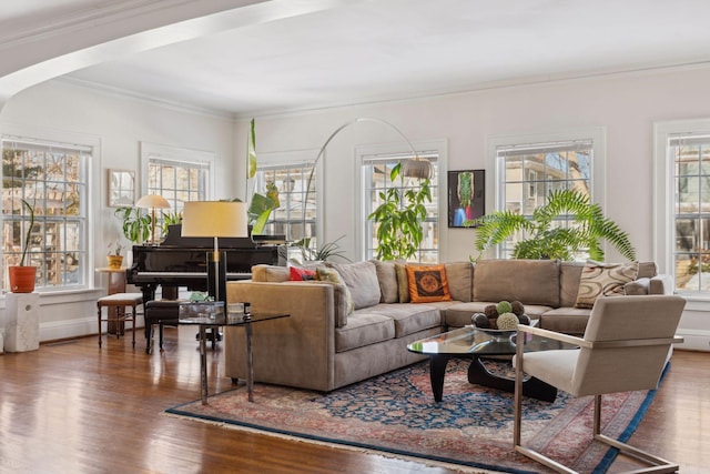 1625 25th St, Minneapolis, MN 55405 - living room featuring wood finished floors, crown molding, and arched walkways