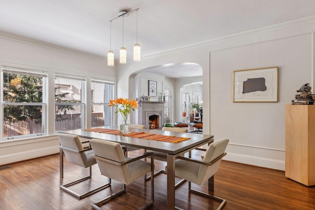 1625 25th St, Minneapolis, MN 55405 - dining room featuring arched walkways, wood finished floors, a lit fireplace, crown molding, and baseboards