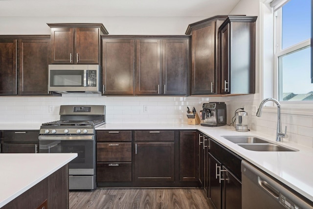 kitchen featuring a wealth of natural light, stainless steel appliances, dark wood-type flooring, and sink