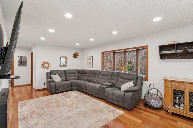 living area featuring a textured ceiling, baseboards, wood finished floors, and recessed lighting