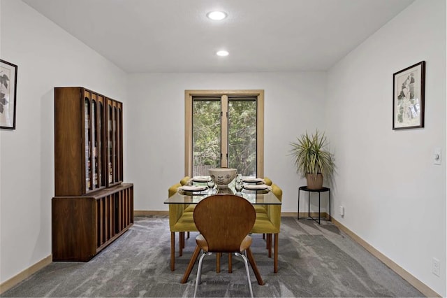 dining space featuring recessed lighting, baseboards, and carpet floors