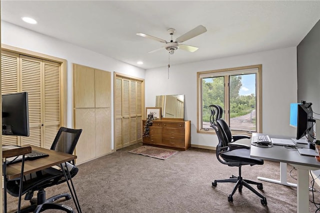 carpeted home office with recessed lighting, baseboards, and a ceiling fan