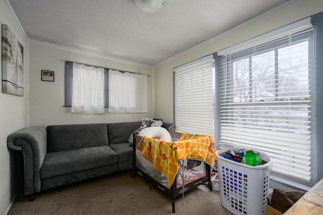 carpeted bedroom featuring ornamental molding