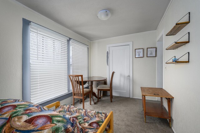 carpeted bedroom featuring ornamental molding