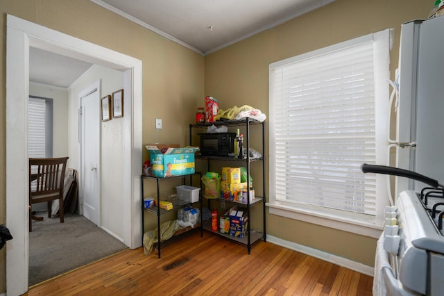 interior space with hardwood / wood-style flooring and ornamental molding