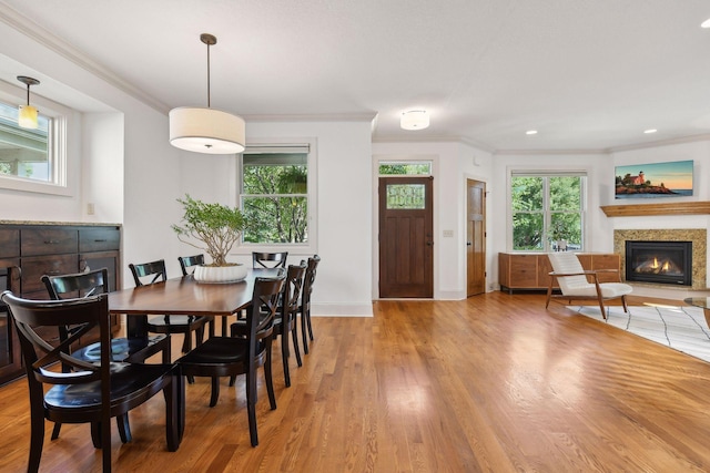 dining space featuring light wood-style flooring, a wealth of natural light, and a glass covered fireplace