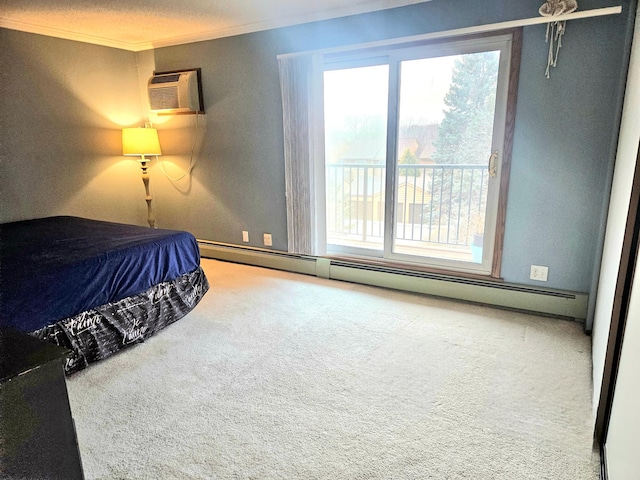 unfurnished bedroom with carpet floors, a baseboard radiator, crown molding, and an AC wall unit