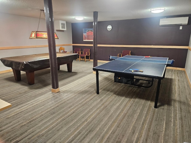 game room featuring a wall mounted AC, carpet, billiards, and baseboards