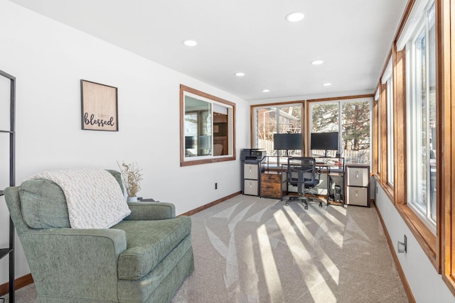 home office featuring recessed lighting, baseboards, and light colored carpet