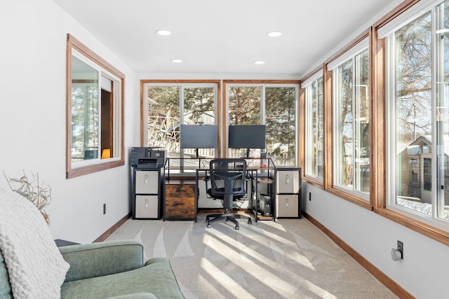 office space with light carpet, recessed lighting, and baseboards