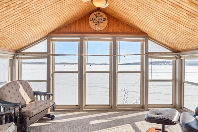 sunroom with wooden ceiling and lofted ceiling