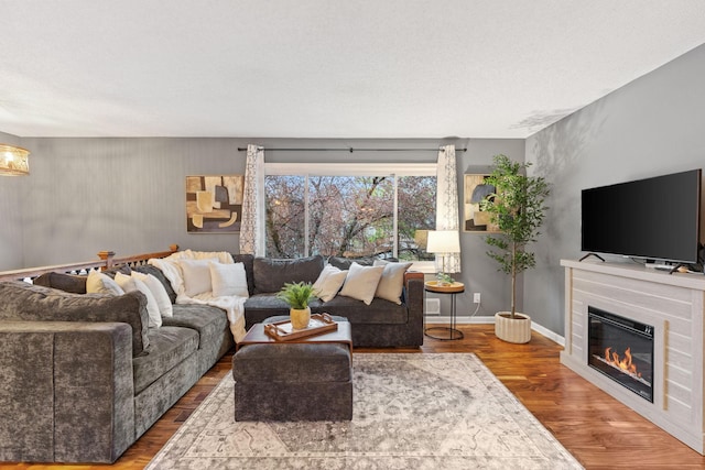 living area with a glass covered fireplace and wood finished floors