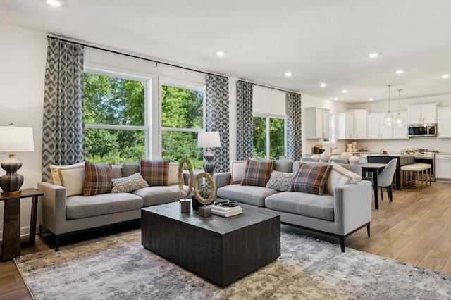 living room with light hardwood / wood-style flooring