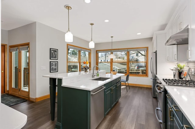 kitchen with under cabinet range hood, a sink, appliances with stainless steel finishes, white cabinets, and light countertops