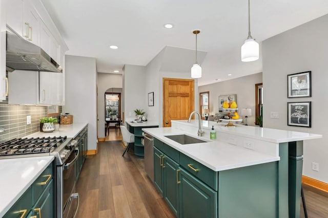 kitchen featuring a sink, under cabinet range hood, white cabinetry, appliances with stainless steel finishes, and green cabinets