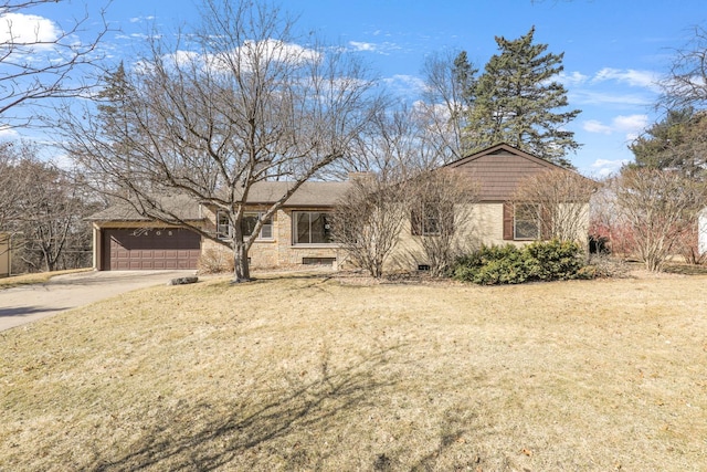 ranch-style home featuring concrete driveway, brick siding, a garage, and a front lawn