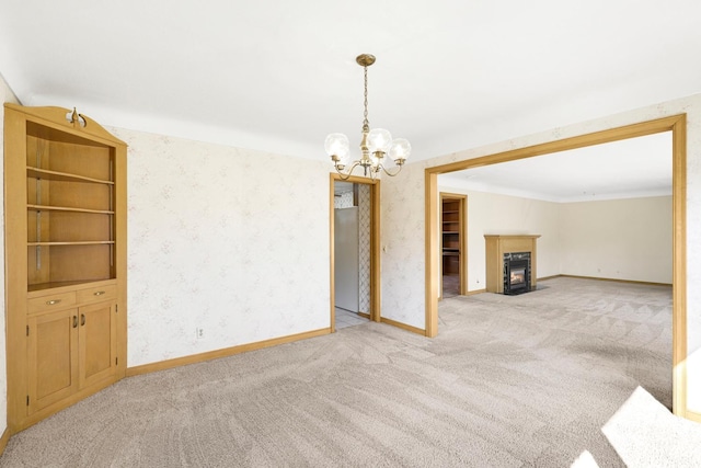 unfurnished living room featuring wallpapered walls, a fireplace with flush hearth, baseboards, and light carpet