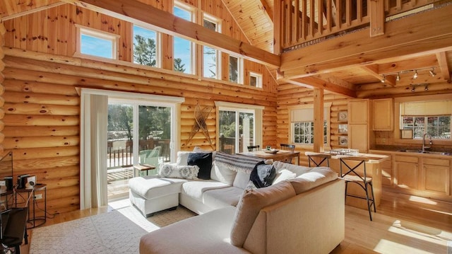 living area with rail lighting, wooden ceiling, high vaulted ceiling, and light wood-type flooring