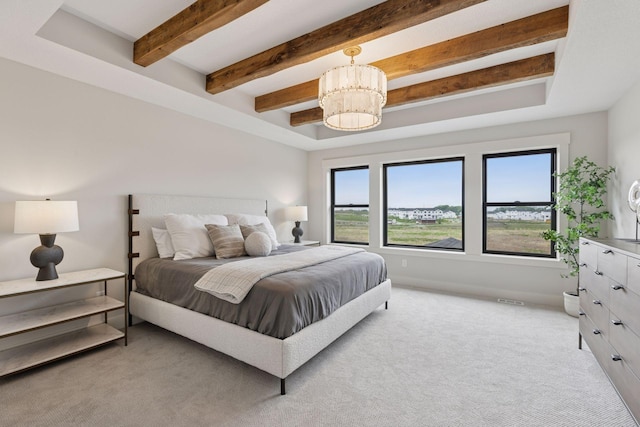 5455 Rolling Hills Pkwy, Victoria, MN 55318 - bedroom with multiple windows, a chandelier, light colored carpet, and beam ceiling