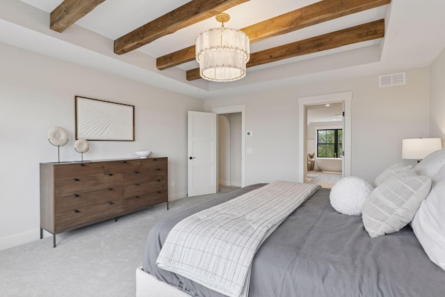 5455 Rolling Hills Pkwy, Victoria, MN 55318 - bedroom featuring a chandelier, beamed ceiling, light carpet, baseboards, and connected bathroom