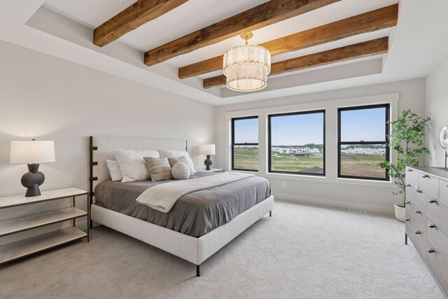 5455 Rolling Hills Pkwy, Victoria, MN 55318 - bedroom featuring multiple windows, a chandelier, beam ceiling, and light carpet