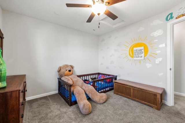 bedroom with ceiling fan and light carpet