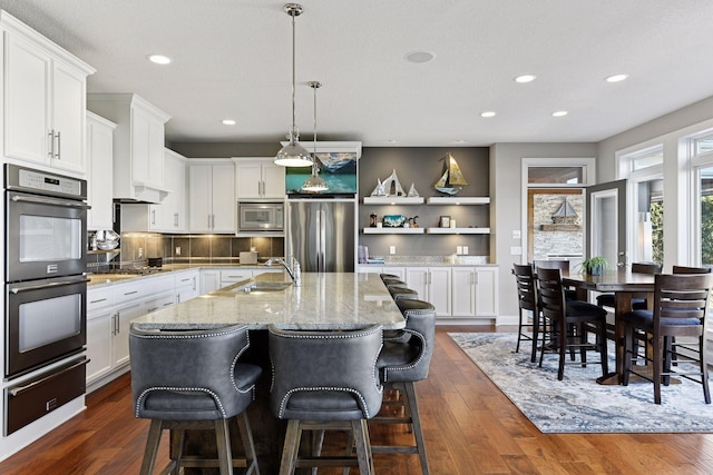 221 George St, Excelsior, MN 55331 - kitchen with stainless steel appliances, a warming drawer, dark wood-style flooring, recessed lighting, and an island with sink