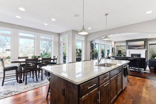 221 George St, Excelsior, MN 55331 - kitchen with a sink, dark wood-style flooring, stainless steel dishwasher, recessed lighting, and light stone countertops