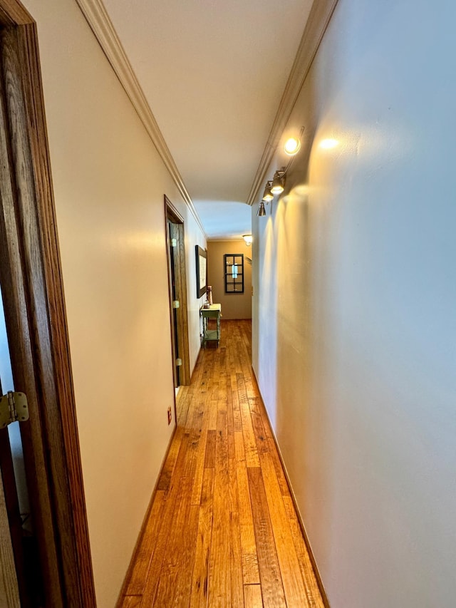 hallway with light wood-style flooring and ornamental molding