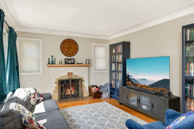 living room with light wood finished floors and a fireplace