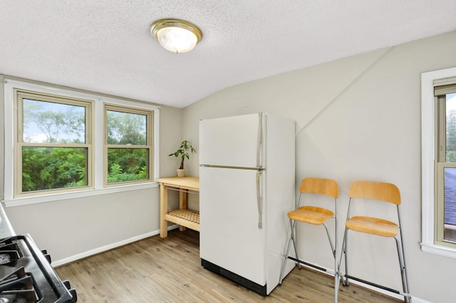 interior space with light wood finished floors, baseboards, vaulted ceiling, and a textured ceiling