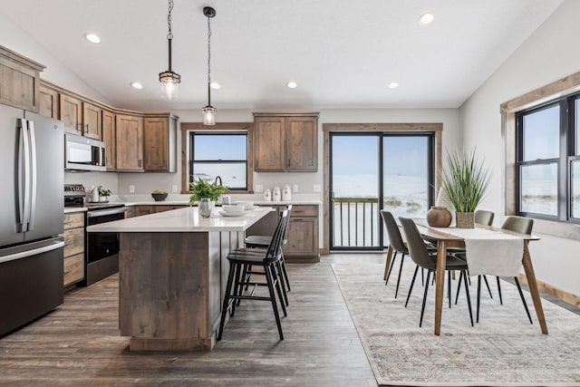 kitchen with appliances with stainless steel finishes, lofted ceiling, a kitchen island, dark hardwood / wood-style flooring, and hanging light fixtures