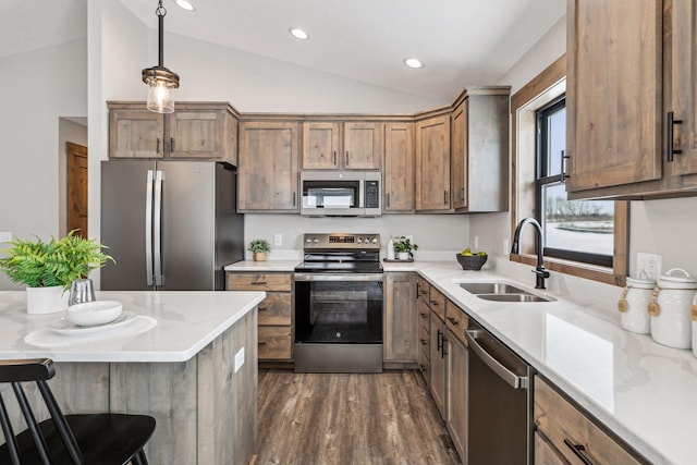 kitchen featuring stainless steel appliances, pendant lighting, vaulted ceiling, sink, and dark hardwood / wood-style floors