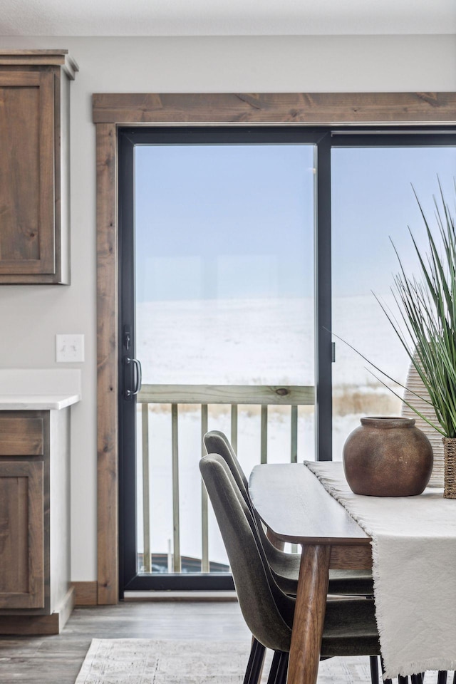 dining area featuring a water view and light wood-type flooring