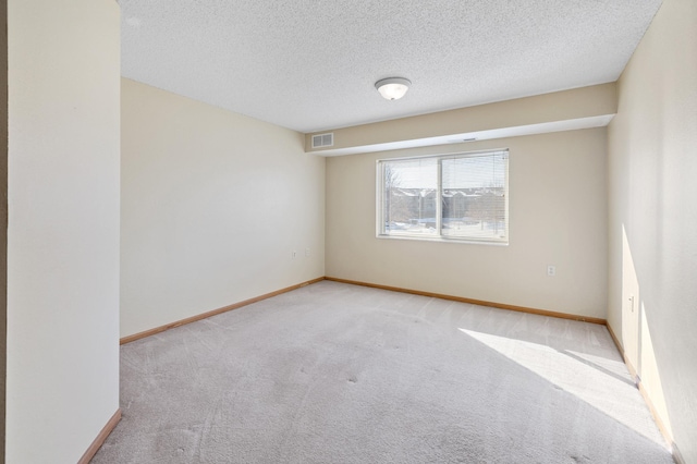 spare room featuring light colored carpet and a textured ceiling