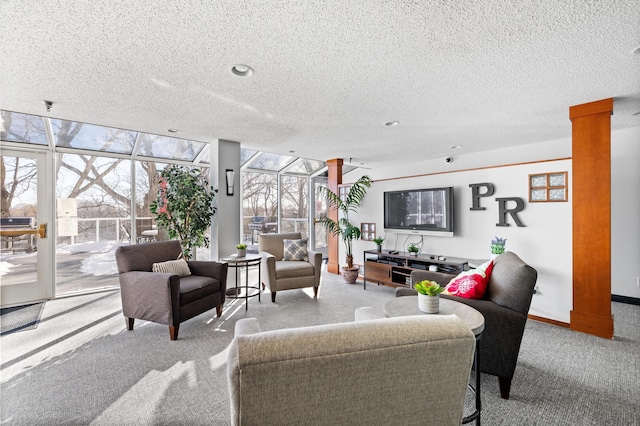 carpeted living room featuring a textured ceiling and a healthy amount of sunlight